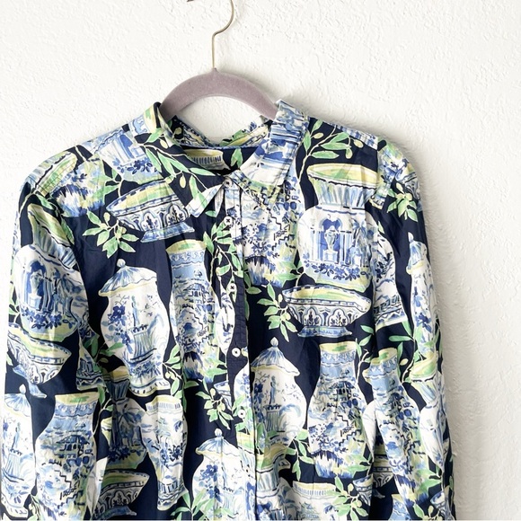 Talbots Blouse Women's XL Button Down Watercolor Vases 100% Cotton Resortwear - Picture 3 of 7
